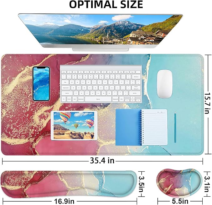 LATEEFAH Large Mouse Pad and Keyboard Wrist Rest, Desk Pad for Keyboard and Mouse, Extended Gaming Mouse Pad with Wrist Support, Waterproof Non-Slip Desk Mouse Mat for Office, Home