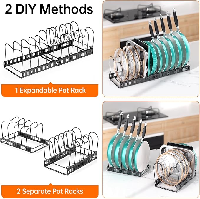 MUDEELA Expandable Pot Pan Lid Organizers inside Cabinet, 12 Divider-Black | Expandable 11.8–22.9", 12 Adjustable Divider, Tool-Free Assembly, Non-Slip, Scratch-Proof, For Pan Lid Cutting Board Bakeware