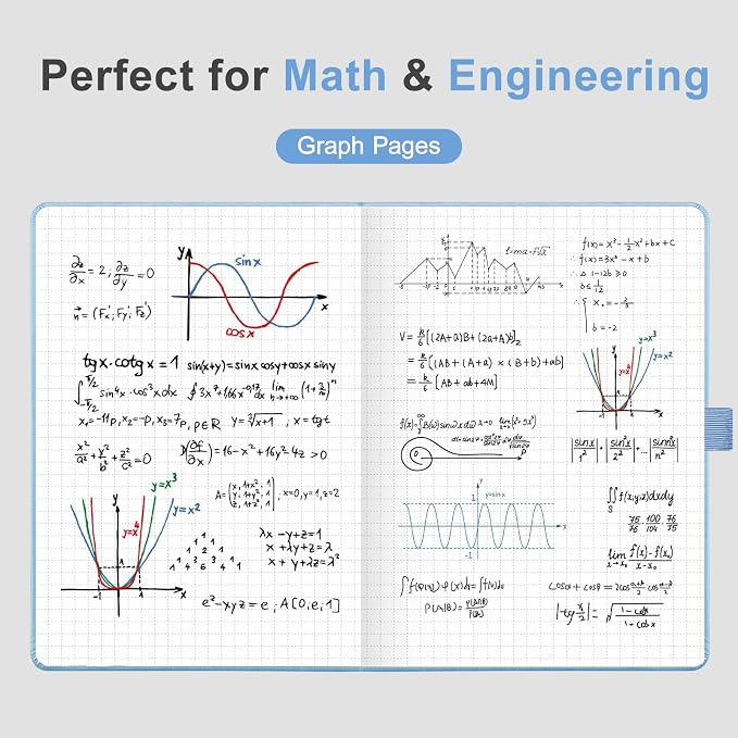 AHGXG Graph Grid Paper Notebook, 160 Pages, A5 Medium Size (5.7'' x 8.3''), 120 GSM Thick Paper, Leather Hardcover, for School, Students, Math, Engineering (Light Blue)