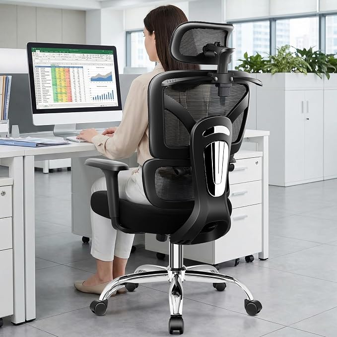 Ergonomic Office Desk Chair, Mesh Office Chairs Comfy for Prolonged Sitting | Segmented Spine Support, Adjustable Lumbar Support for Back Pain Relief, Computer Chair for Home Office, 300LBS, Black