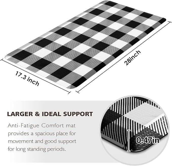 MAYHMYO Kitchen Mats Cushioned Anti Fatigue 0.47" Thick Black and White Buffalo Plaid Kitchen Rug Floor Mat Non Slip Waterproof Farmhouse Comfort Standing Mat for Home Office Sink