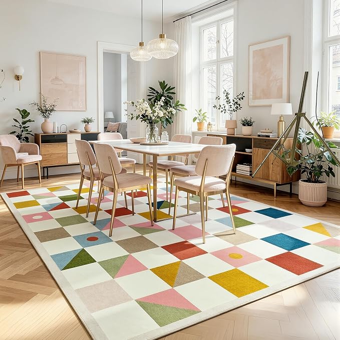Terrug Multicolored Geometric Checkered Rug for Living Room, 5x7 Area Rugs Washable with Non Slip for Bedroom, Soft Low Pile Stain Resistance Carpet for Dinning Room