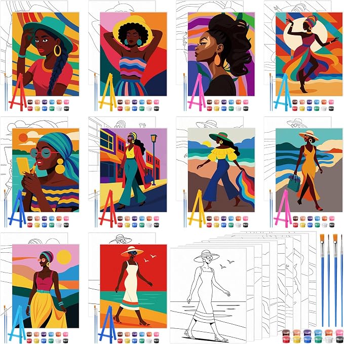 Blosssound 10 Set Pre Printed Canvas Pre Drawn Canvas Painting with Easel Kits 5" x 7" Outline Painting Panels for Beginners, DIY Craft Project, Party Favor, Home Decors(Modern Lady)