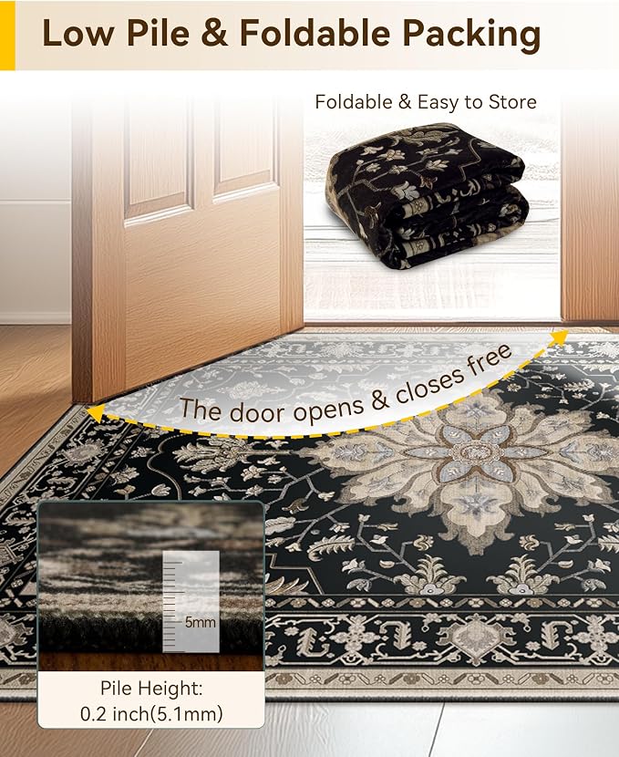 RELEANY Area Rugs Runner 2'x9' Washable Non-Slip, Floral Vintage Distress Medallion Carpet for Kitchen Hallway Bedroom Beside Laundry Room Bathroom, Black Brown Neutral Dark Tan