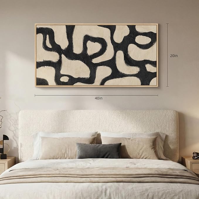 Framed Abstract Neutral Horizontal Wall Art Bedroom, Black Beige Mid Century Modern Artwork for Walls, Large Abstract Canvas Painting Print for Living Room Hallway Home Office Wall Decor, 20x40 Inch