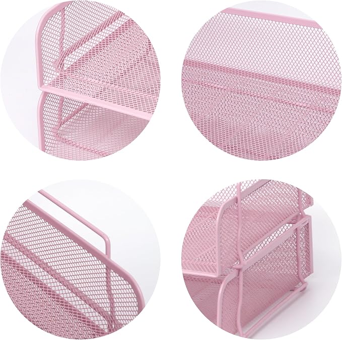 2 Pack Stackable Desk Paper Tray, Metal Mesh Desktop Document Letter File Organizer for Office Home School, 13.5'' L x 9.75'' W x 5.5'' H, Pink