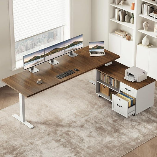 OffiGo 71" L Shaped Electric Standing Desk with File Cabinet, Walnut/White | Mobile Drawers & File Cabinet for Flexible Layout, Height Adjustable Executive Stand Up Desk for Home Office Workstation