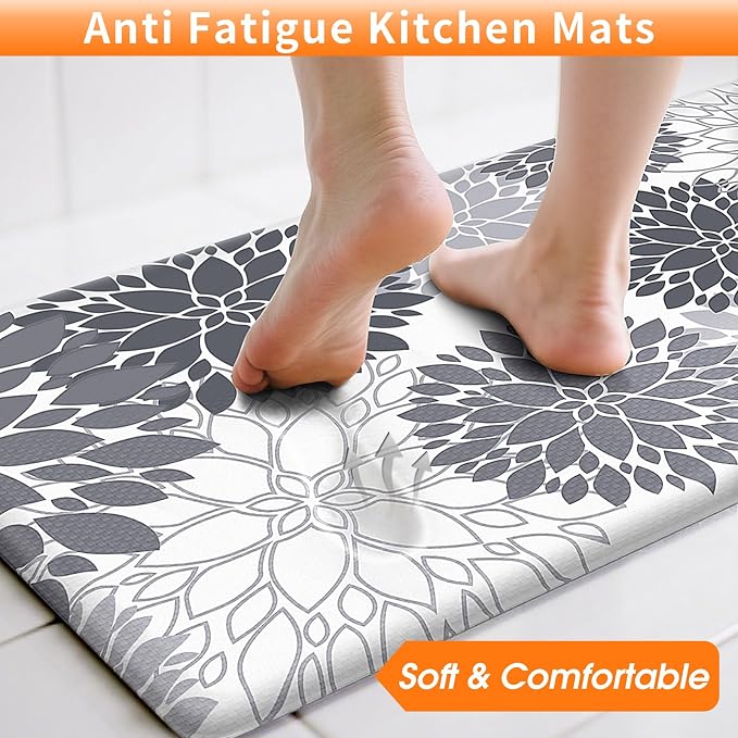 StepLively Kitchen Mats for Floor 2PCS, 0.47" Anti Fatigue Mats for Kitchen Floor, Kitchen Accessories for Sink, Office, Laundry, 17.3"×30"+17.3"×47", White and Grey