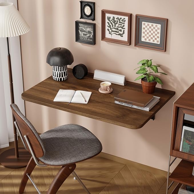 Dogsky Wall Mounted Folding Table (24x15.7 in) - 100LB Capacity Heavy Duty Wall Floating Desk, Space-Saving Workbench for Home Office, Laundry Room & Kitchen, Walnut