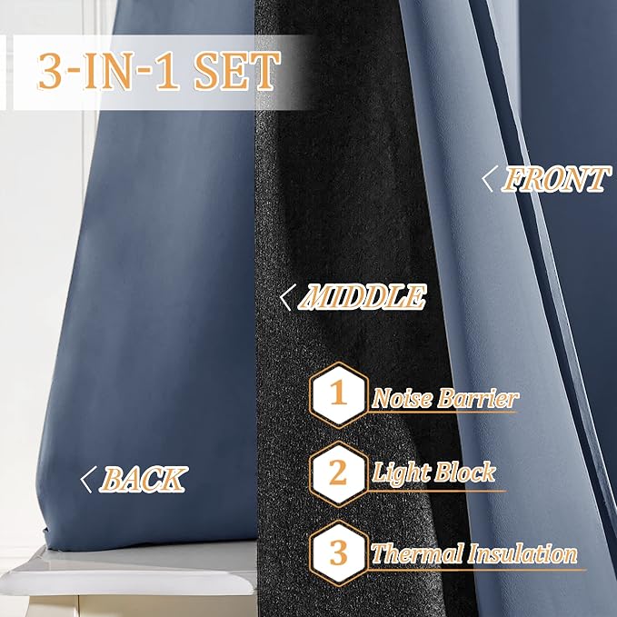 RYB HOME Thermal Curtains Soundproof - 3-in-1 Drapes Noise Barrier - 100% Blackout - Energy Efficient Window Curtains for Bedroom Nursery Home Theatre, 52 x 84 inch Long, Stone Blue, 2 Pcs