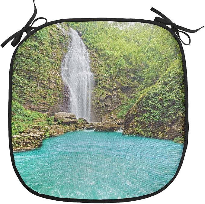 Lunarable Waterfall Chair Cushion Pads Set of 6, Falling Water from Green Mountains Clear Pool and Tropical Plants, Anti-Slip Seat Padding for Kitchen & Patio, 16"x16", Turquoise Green White