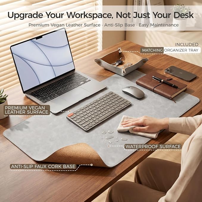 Premium Faux Leather Desk Mat & Tray Set，Innovative Cork-Look Printed Base，Gift Tube Packaging，Full-Desk Coverage，Non-Slip Desk Pad for Office Home（Mist Gray）