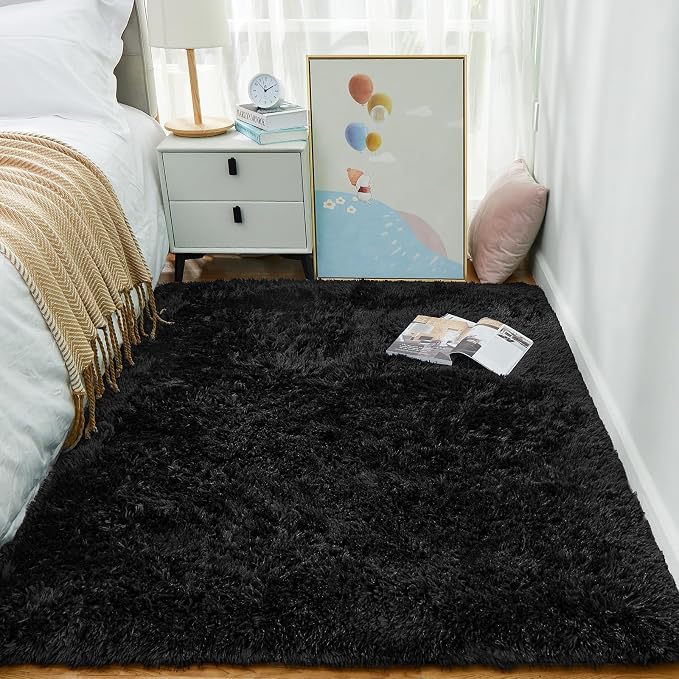 Ophanie 3x5 Black Rugs for College Dorm, Bedroom Small Area Rug, Non-Slip Fluffy Shaggy Bedside Soft Shag Fuzzy Plush Carpet for Kids Boys Decor,with Over 99 pcs Pile fibers