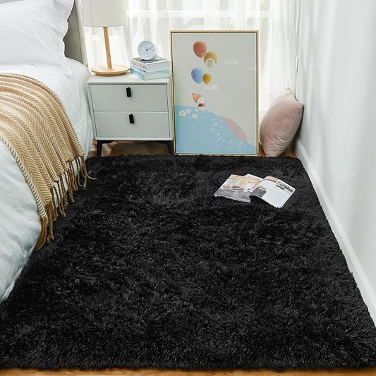 Ophanie 3x5 Black Rugs for College Dorm, Bedroom Small Area Rug, Non-Slip Fluffy Shaggy Bedside Soft Shag Fuzzy Plush Carpet for Kids Boys Decor,with Over 99 pcs Pile fibers