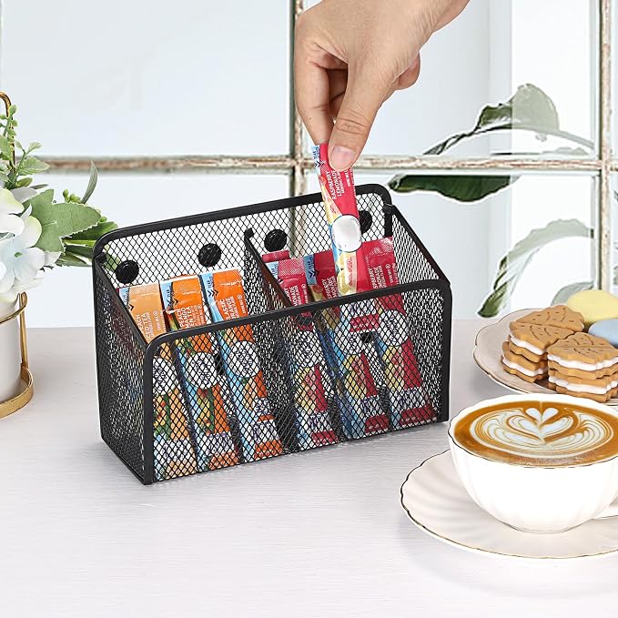 ELLDOO Magnetic Water Drink Packet Holder, 2 Compartments Magnetic Metal Mesh Tea Bag Organizer Sugar Packet Basket, Kitchen Organizers and Storage for Refrigerator and Countertop