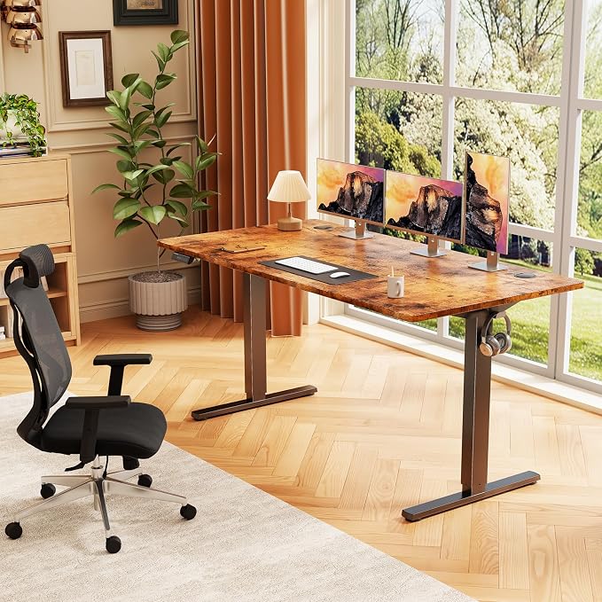 Sweetcrispy Electric Standing Desk Adjustable Height, 55x24 Inch Sit Stand Up Home Office Desks Computer Workstation PC Work Table with 3 Memory Preset Splice Wood Board Metal Frame, Rustic