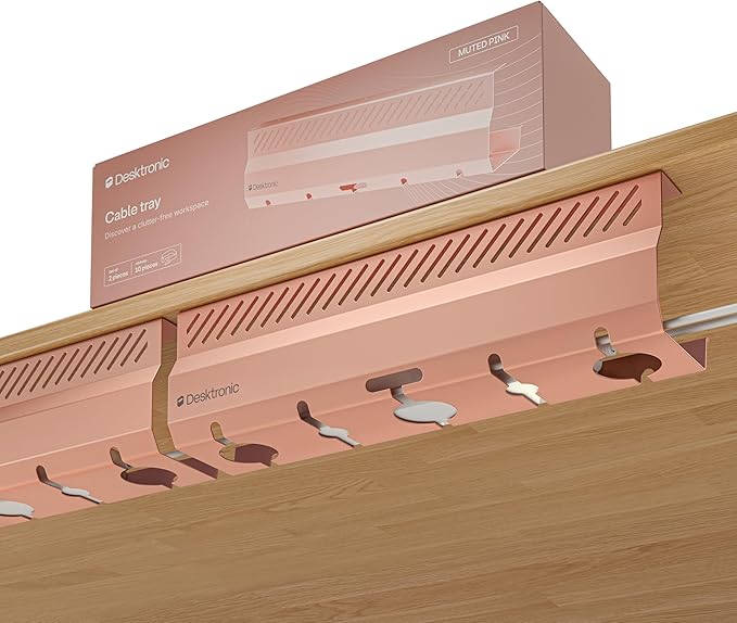 Desktronic Cable Duct Desk Pink Set of 2 - Stainless Steel Cable Management Desk Cable Duct with 5 Cable Cut-Outs - Easy to Install Cable Organiser - Cable Holder