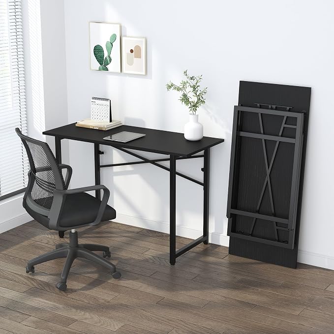 Lutown-Teen Folding Computer Desk 47 inch Writing Gaming Computer Camping Table, No Assembly Required Home Office Desk, Black