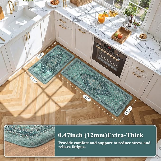 Collive Boho Kitchen Mats for Floor 2 Piece, Cushioned Anti Fatigue Kitchen Floor Mat Non-Skid Waterproof Under Sink Rug, Teal/Multi Comfort Standing Desk Rugs for Office, 17"x29"+17"x47"