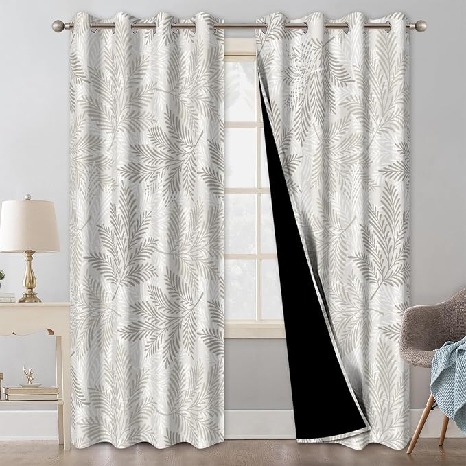 Blackout Curtains for Bedroom Living Room, Grommet Thermal Insulated Room Darkening Bedroom Curtains, Pine Needles Print Drapes 84 Inch Long 2 Panels Set Light Filtering Reduce Noise Protect Privacy