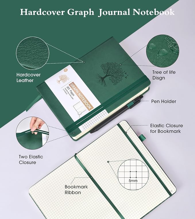 Ansopu Graph Paper Notebook Journal, 360 Numbered Pages Grid Notebooks, Thick 100gsm Graphing Paper Journals for Writing Women Men, A5 Large Hardcover Leather Graph Notebook 5.75'' × 8.38'' Green