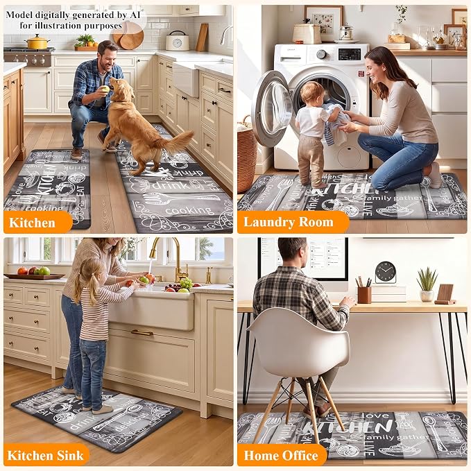 HEBE Anti Fatigue Kitchen Rugs Set of 2, Cushioned Kitchen Mats for Floor | Non Slip Farmhouse Kitchen Rug and Runner Set, Waterproof Comfort Kitchen Floor Mat Carpet for Sink, Standing Desk, Laundry