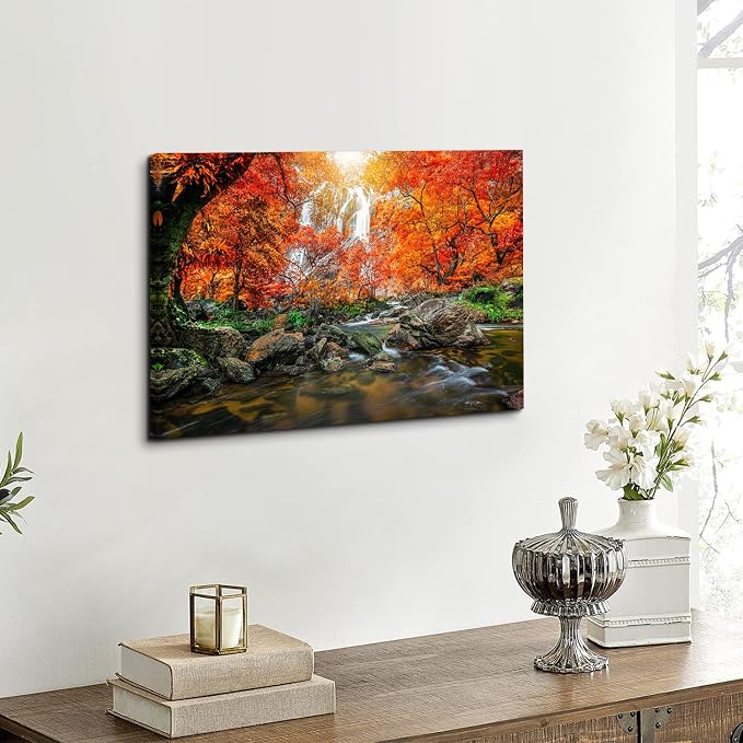 Nature Mountain Waterfall Canvas Wall Art Modern Scenic Framed Artwork Home Decor 16x24” Tropical Forest Scenery Orange Sunset River Landscape Picture for Living Room Bedroom Kitchen Office Decoration