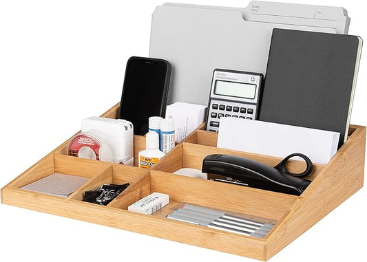 Theodore Bamboo Desktop Organizer – 10‑Compartment Natural Wood Storage Tray for Office, Home, Kitchen & Vanity – No Assembly, Water‑Resistant, Eco‑Friendly