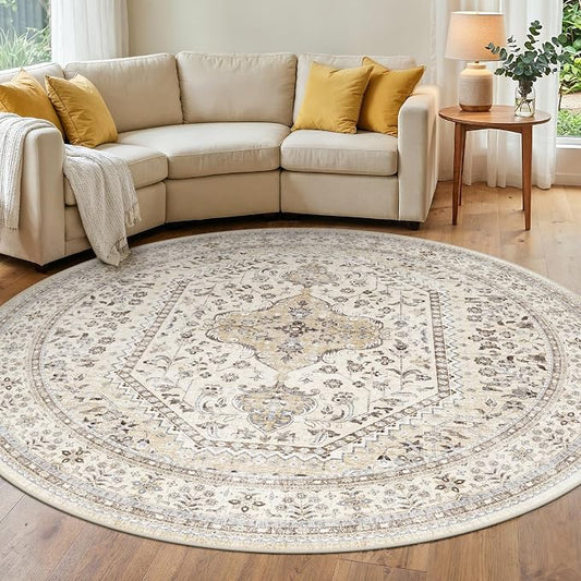 Puino 7FT Round Area Rug: Washable Oriental Circle Rugs Low Pile Soft Carpet with Non Slip Backing for Living Room Vintage Indoor Rug for Bedroom Kitchen Nursery Dining Room Home Office Beige/Gray