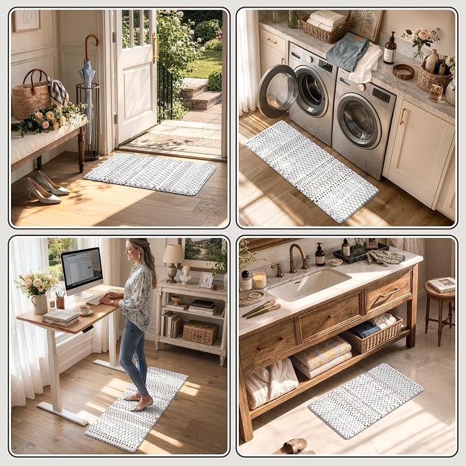 KIMODE Kitchen Mats 2PCS Cushioned Anti Fatigue Boho Kitchen Rugs and Mats Non Slip Waterproof Kitchen Mats for Floor Comfort Foam Standing Desk Mat for Home Office Sink Laundry Brown and White Decor