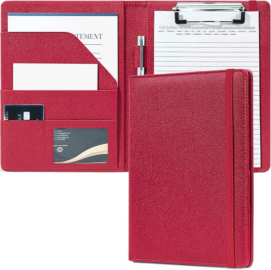 Mymazn Junior Padfolio Portfolio Folder, Small A5 Clipboard with Cover for 5'' x 8'' Writing Pad Notepad Holder for Business Office Men Women (Red)