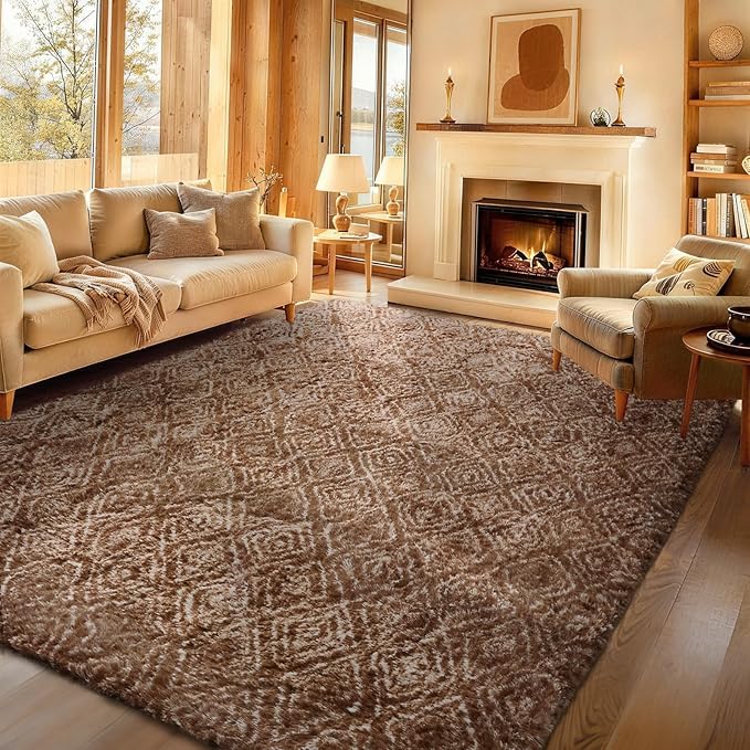 Ophanie 9x12 Brown and White Diamond Striped Rugs for Living Room,Large Fluffy Shag Fuzzy Plush Soft Carpets,Shaggy Rug for Bedroom,Carpet for Kids Boys Girls Dorm Decor with Over 99 pcs Pile fibers