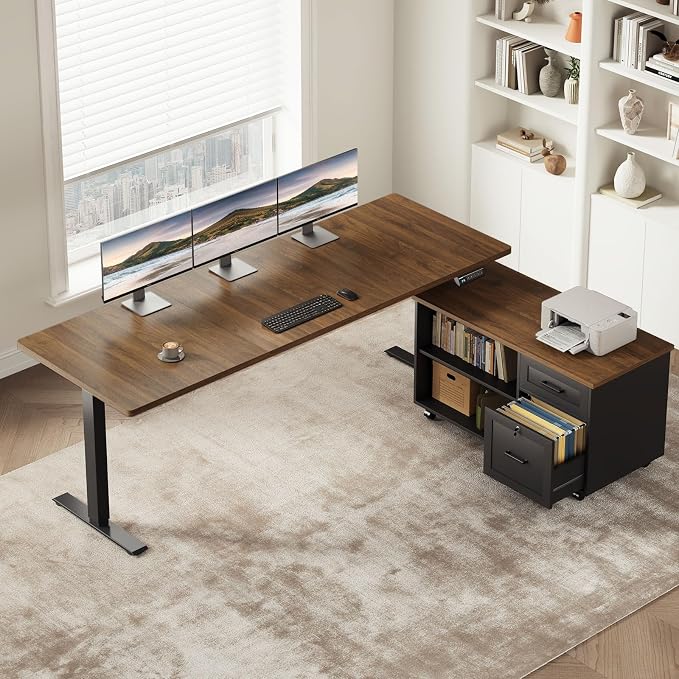 OffiGo 63" L Shaped Electric Standing Desk with File Cabinet, Walnut/Black | Mobile Drawers & File Cabinet for Flexible Layout, Height Adjustable Executive Stand Up Desk for Home Office Workstation