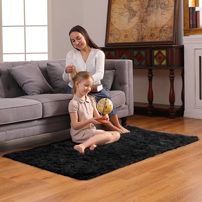 Ophanie 3x5 Black Rugs for College Dorm, Bedroom Small Area Rug, Non-Slip Fluffy Shaggy Bedside Soft Shag Fuzzy Plush Carpet for Kids Boys Decor,with Over 99 pcs Pile fibers