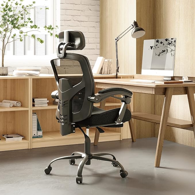Desk Chair with Foot Rest, High-Back Mesh Office Chair, Classic Black | Reclining Gaming Chair with Headrest and Adjustable Lumbar Support, 90°-130° Reclining, for Home Office and Gaming
