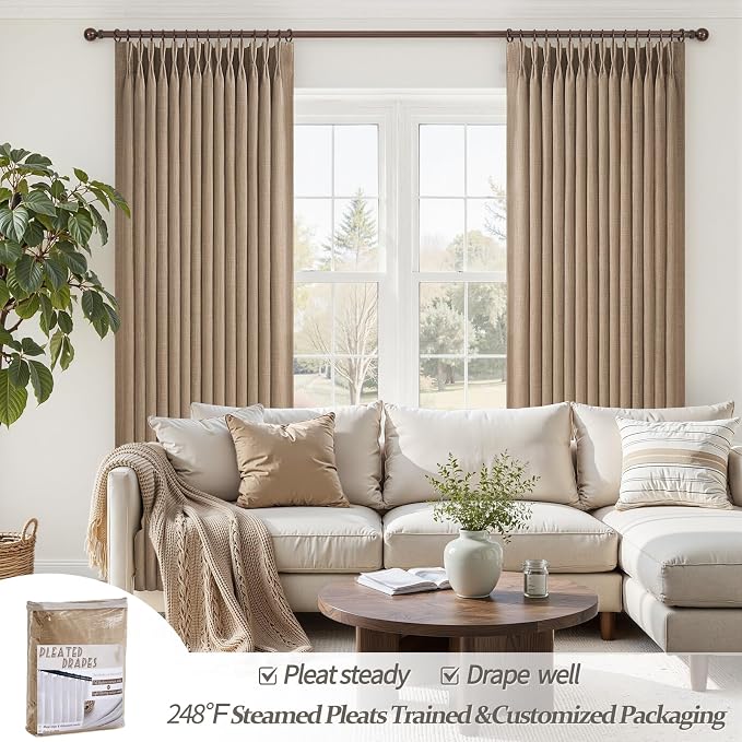 Extra Long 102 Inch Rust Brown High Ceiling Curtains for Dining Room, Blackout Memory Shape Pinch Pleat Natural Linen Blend Thermal Noise Reducing Country Windows Curtain 102 Inches Length Panels of 2