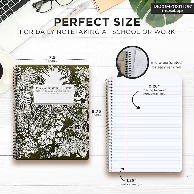 Decomposition Jaguar College Ruled Spiral Notebook - 9.75 x 7.5 Journal with 160 Lined Pages - 100% Recycled Paper - Cute Notebooks for School Supplies, Home & Office - Made in USA