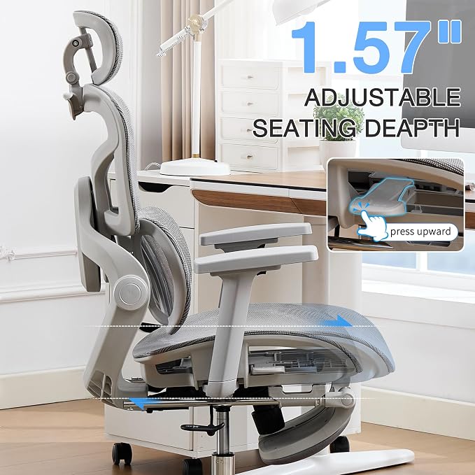 Ergonomic Mesh Office Chair with 2-Zone Lumbar Support and Footrest,Grey | Big and Tall, 400LBS, Adjustable Seat Depth, 4D Headrest, 4D Armrests Swivel Executive Chair for Home Office