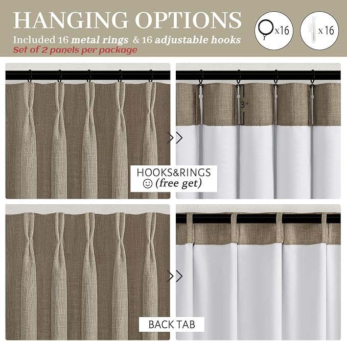 Memory Trained Pinch Pleated Tall Nursery Curtains 102 Inches Long, Blackout Oak Taupe Linen Blend Sound Dampening Thermal Windows Curtain Oatmeal Farmhouse Dining Room Drapes 40"W x 102"L x 2 Panels