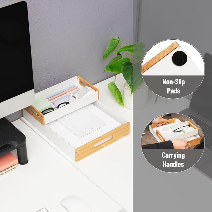 Mind Reader Metal and Wood Tiered Desktop Organizer Trays with Cutout Handles, Stackable Office Storage, Office, Entryway, Coffee Station and Home Organization, Metal and Wood, Set of 2, White