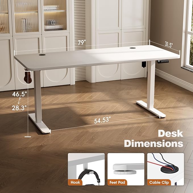 Monomi 79" Electric Standing Desk for Home Office - Large Adjustable Height Desk with 178 lbs Weight Capacity, 3 Memory Presets, Quiet Motor, Anti-Collision (White)