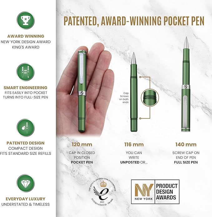 Scriveiner Green Rollerball EDC Luxury Pen, Chrome Finish, 4 Black Medium Refills