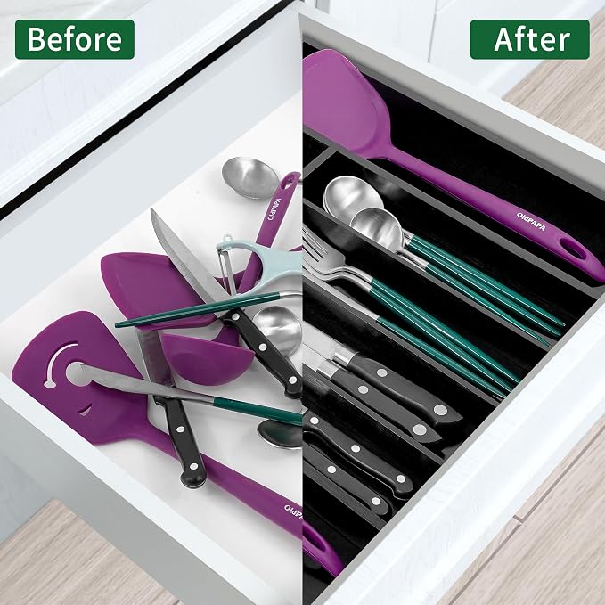 Utoplike Bamboo Silverware Drawer Organizer, Black Kitchen Utensils Tray | Expandable Drawers Organiser, Cutlery Dividers, Flatware Caddy Drawer Insert, Office Supplies, 5-7 Slots
