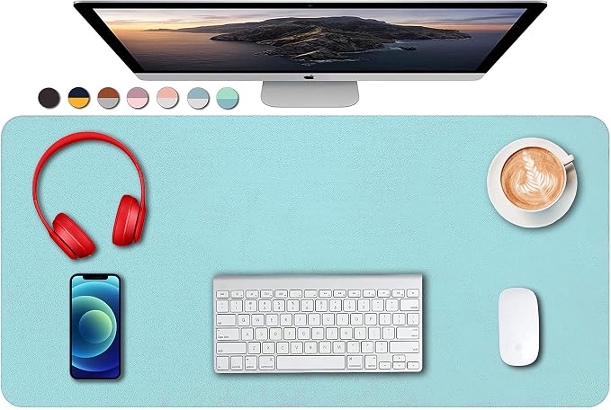 SUJAYU Dual Sided PU Leather Desk Pad, Mouse Pad, Office Desk Mat, Non-Slip Laptop Desk Pad, Waterproof Desk Writing Pad for Office and Home (31.5" x 15.7", Light Blue+Sliver)