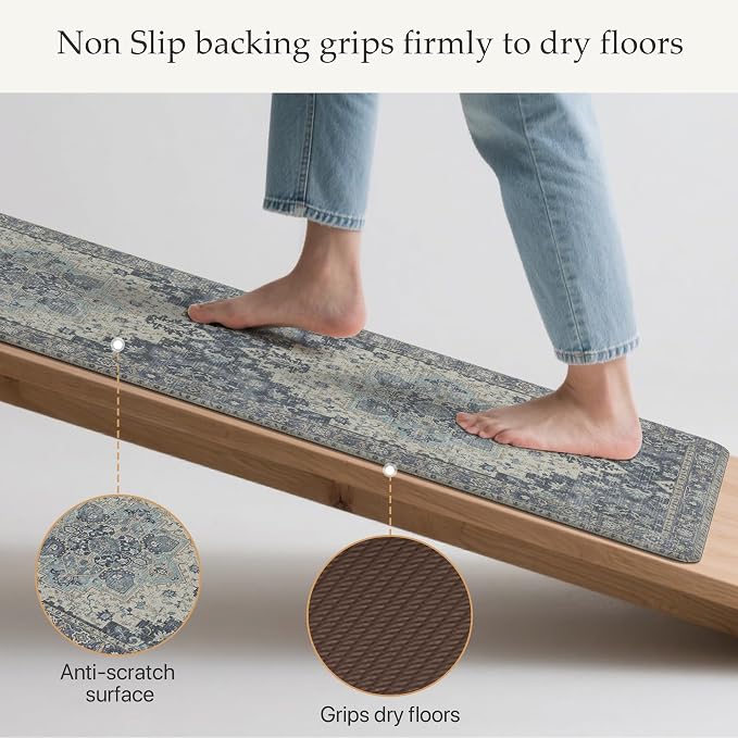 GENIMO Kitchen Mats for Floor, Washable Anti Fatigue Mat for Cushioned, 17.3"x59", Waterproof Kitchen Rugs, Non Slip Foam Comfort Standing Mat Rug for Home, Runner, Sink, Laundry, Center Blue