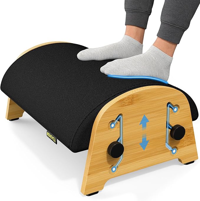 Ergonomic Foot Rest Under Desk at Work, Bamboo Wood Adjustable Foot Stool Under Desk with 6 Positions, Office Footrests with Memory Foam, Leg Rest Used for Car, Home, PC Gaming Accessories