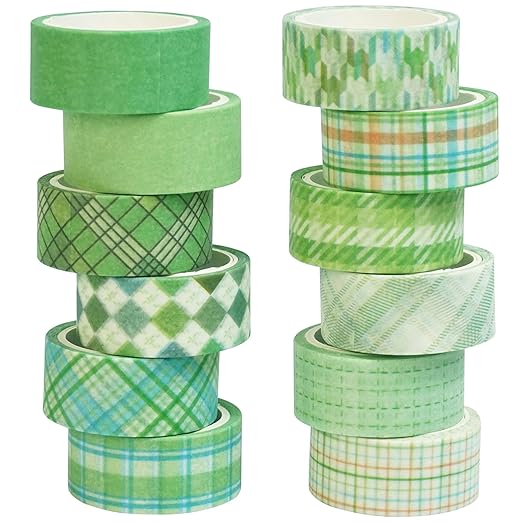 Basic Grid Washi Tape Set 12 Rolls Plaid Decorative Masking Tapes for Arts, DIY Crafts, Journals, Planners, Scrapbook, Wrapping (Green)