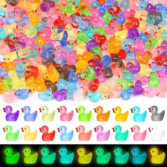 280PCS 18 Colors Luminous Mini Resin Ducks Glow in The Dark Tiny Ducks Figures to Hide Bulk Plastic Duck Miniature for Dollhouse Micro Landscape Aquarium Potted Cake Decor DIY Craft Gifts Party Favors