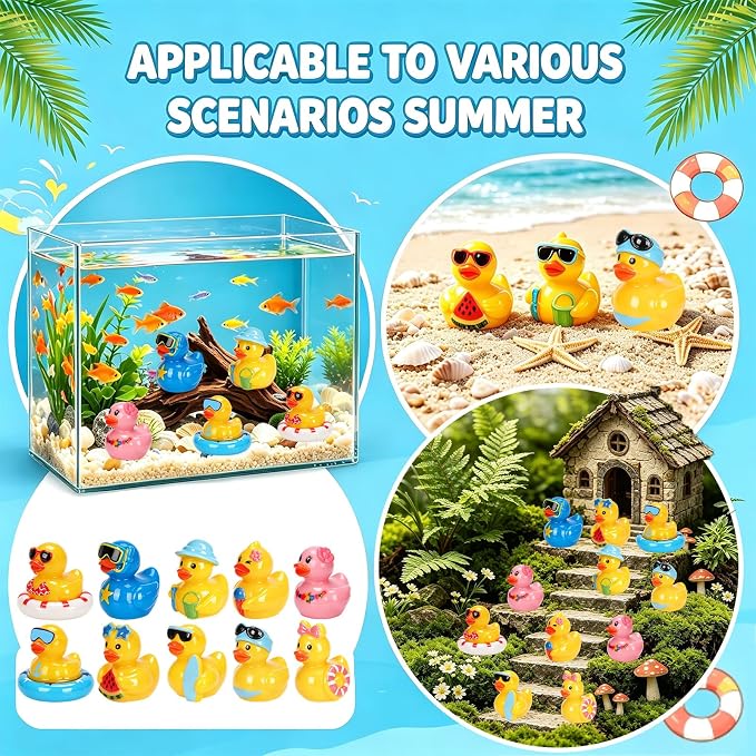 120 Pcs Summer Mini Resin Ducks 10 Styles Hawaii Beach Tiny Cruise Ducks to Hide Miniature Duck Figurines for Summer Swimming Pool Party Cruise Ship Game DIY Craft Cake Aquarium Desktop Decor