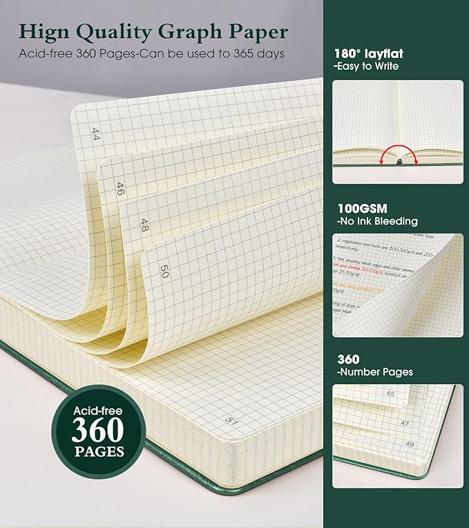 Ansopu Graph Paper Notebook Journal, 360 Numbered Pages Grid Notebooks 8.5 x 11, Thick 100gsm Paper Graphing Notebook Journals for Women Men, A4 Large Hardcover Graph Leather Notebook Green